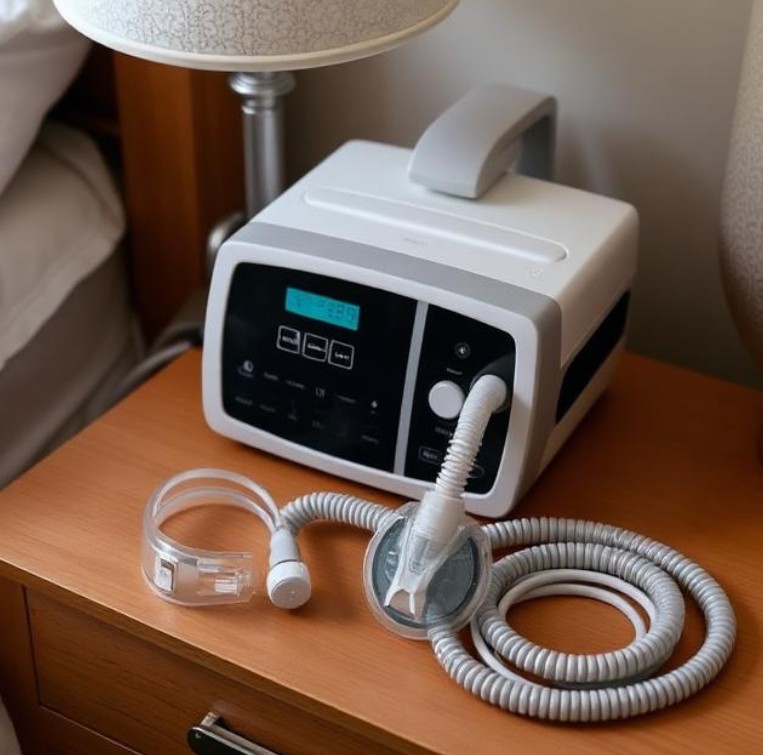 CPAP machine on a nightstand with the mask and tubing beside it