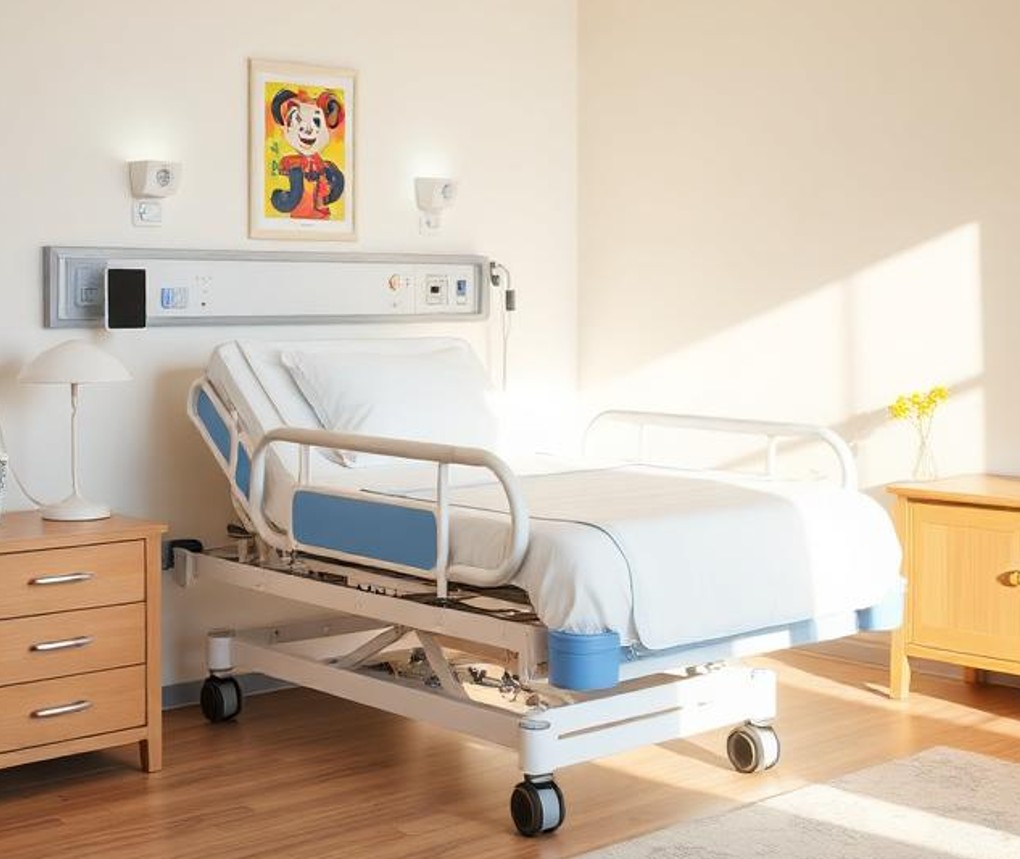 Semi-electric home hospital bed with the head section raised in a bedroom