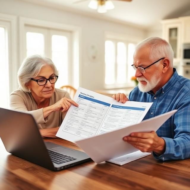 Senior couple in North Carolina comparing Medicare Advantage plan options using a laptop and printed documents